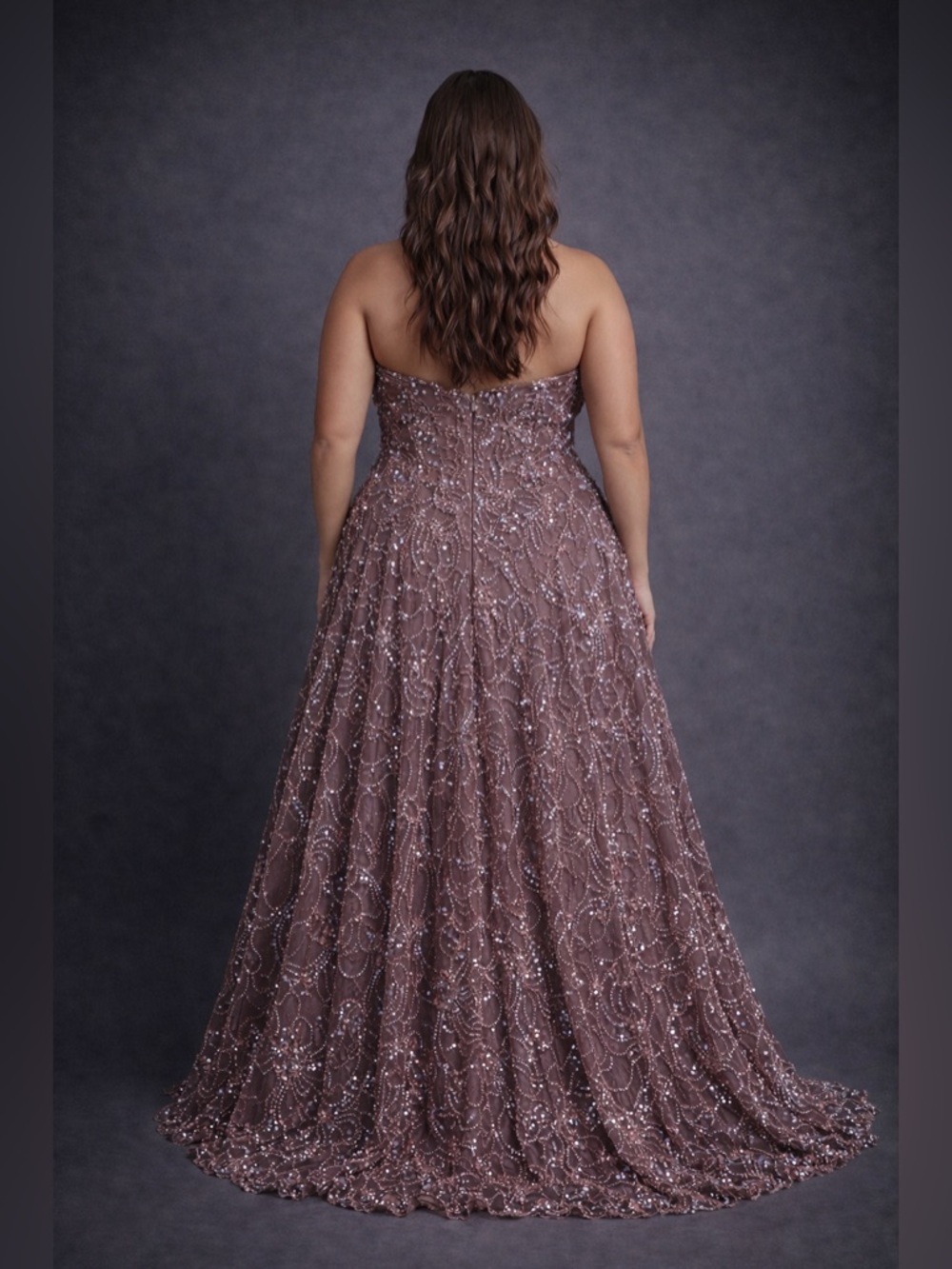 Jovani | Mauve Embellished Strapless Ball Gown Floral Sequin Overlay - Picture 6 of 7